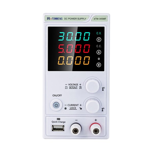 eTM-305MF, Mini Variable DC Switching Regulated Bench Power Supply 30V 5A with USB Quick Charge, High Precision 4-Digit LED Display, OVP/OCP Settings