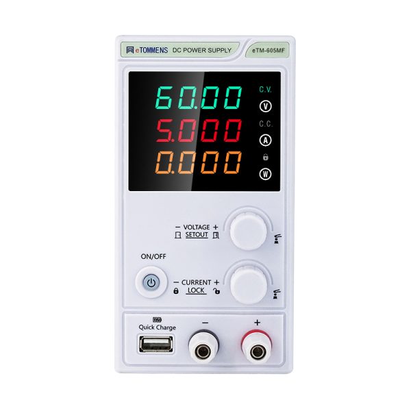 eTM-605MF, Mini Variable DC Switching Regulated Bench Power Supply 60V 5A with USB Quick Charge, High Precision 4-Digit LED Display, OVP/OCP Settings
