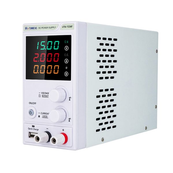 eTM-152MF, Mini Variable DC Switching Regulated Bench Power Supply 15V 2A with USB Quick Charge, High Precision 4-Digit LED Display, OVP/OCP Settings - Image 2