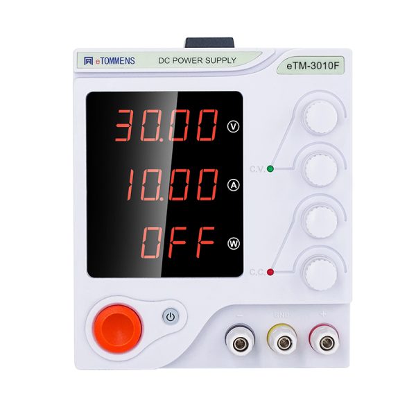 eTM-3010F, 30V 10A Adjustable Switching DC Benchtop Power Supply with 4-Digit LED Display, Coarse and Fine Adjustment, Low Ripple and Noise